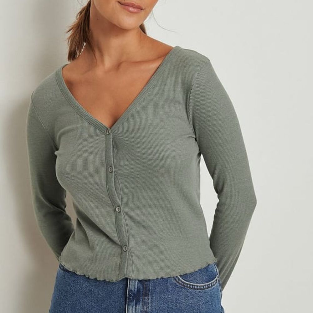 NA-KD Babylock Rib Cardigan in Green- Size XS